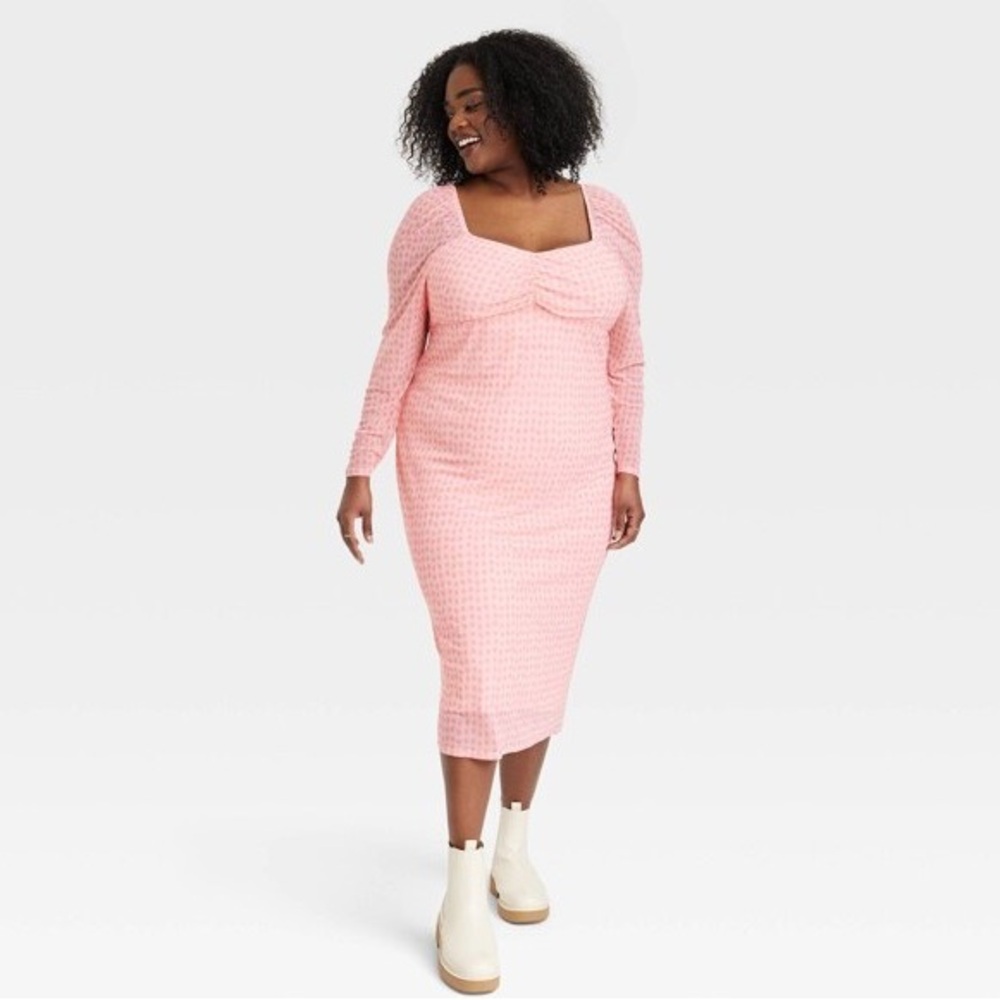 Size XXL Ladies Elegant Pink Long Sleeve Dress